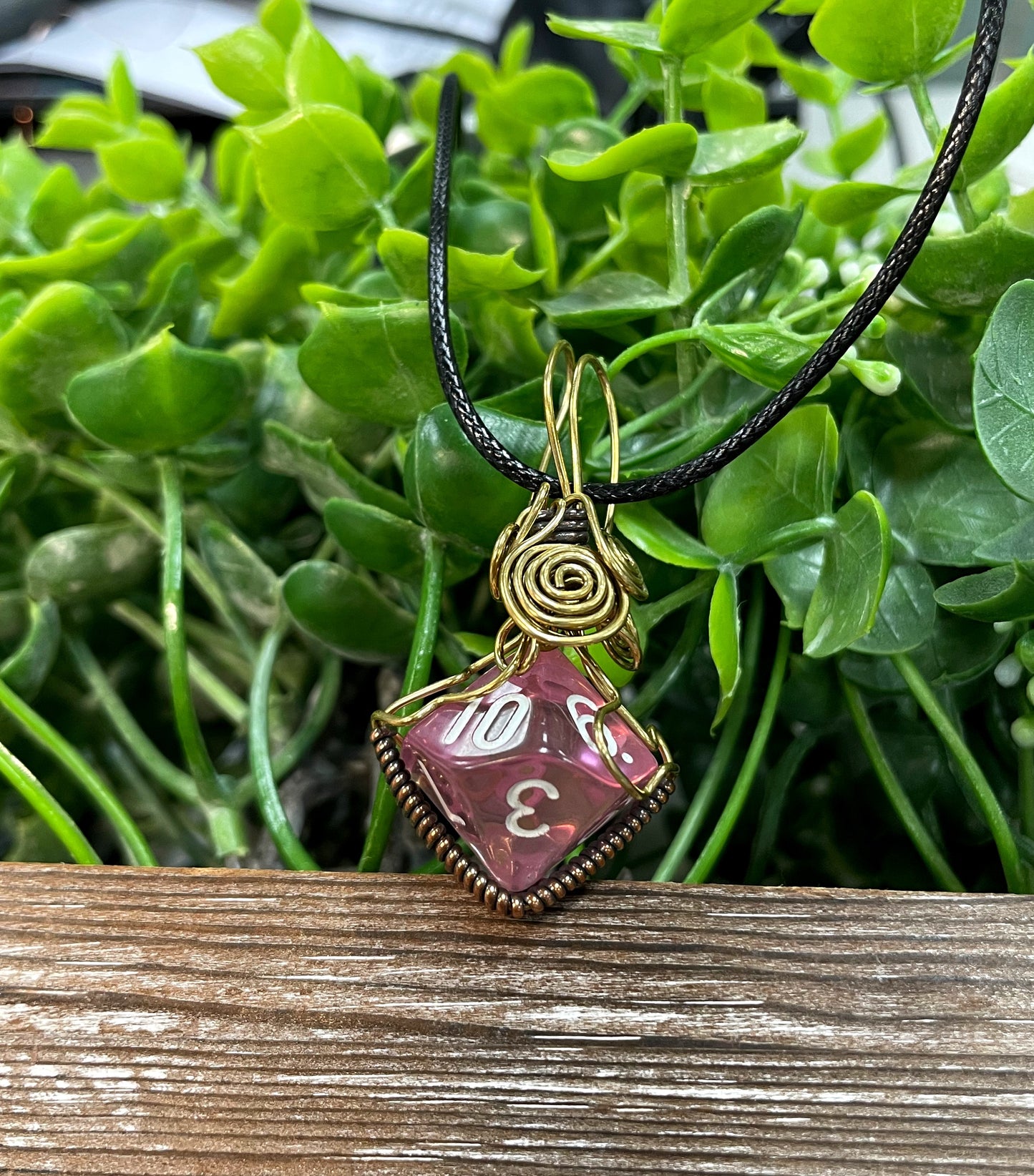 Wire Wrapped D10 Dice Pendant Pink - Handmade by Marlayna