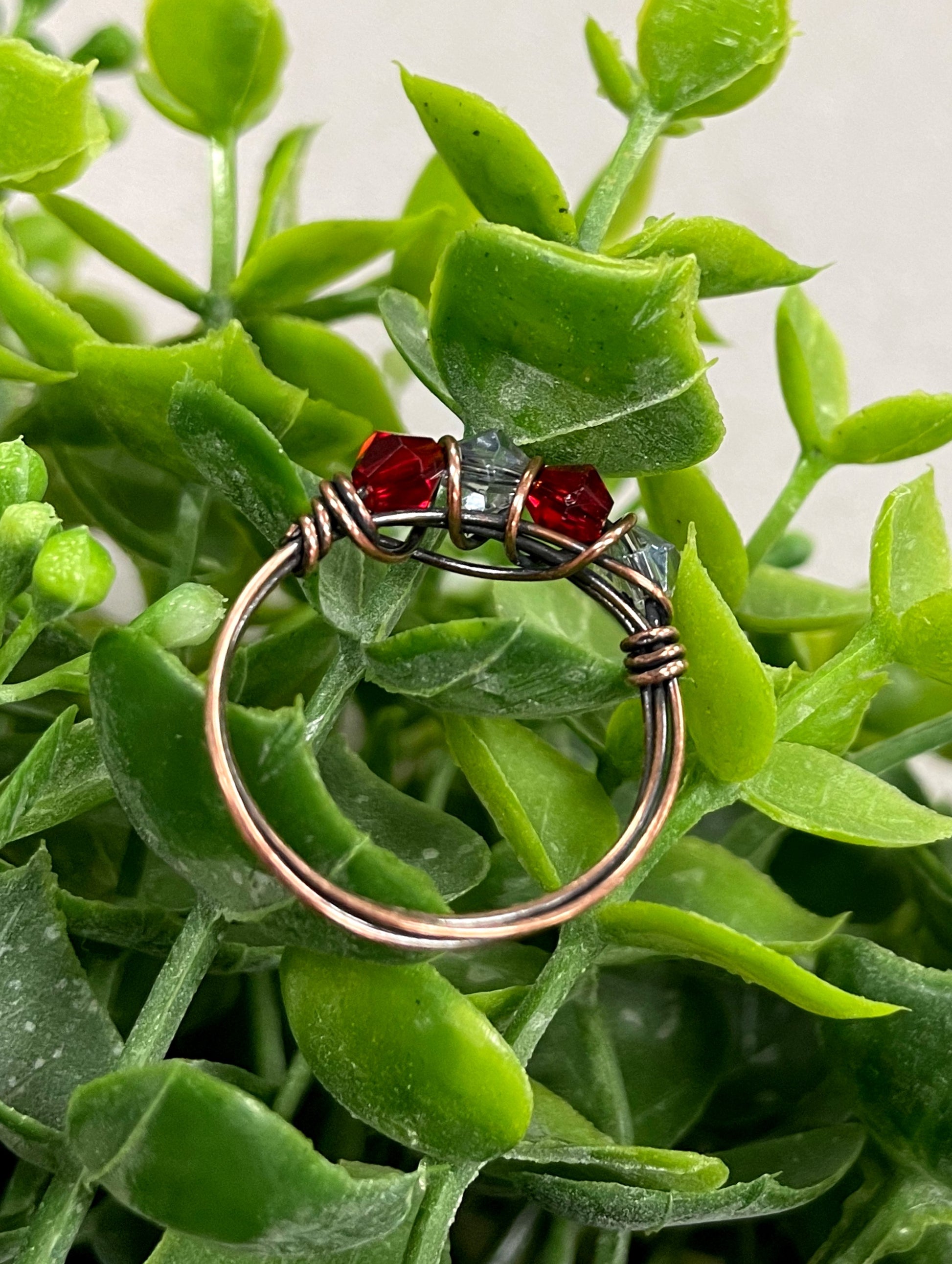 Red and Grey Glass Crystal Wire Wrapped Ring - Handmade by Marlayna