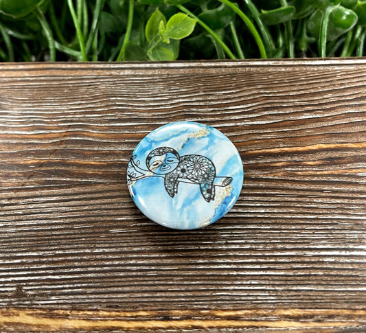 Mandala Sloth, Graphic Art Button / Pin 1.25” , Blue Agate Marble - Handmade by Marlayna