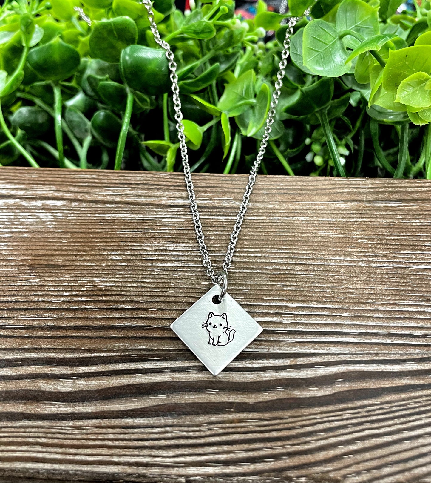 Cute Cat Diamond Fun Animal Themed Hand Stamped Necklace - Handmade by Marlayna