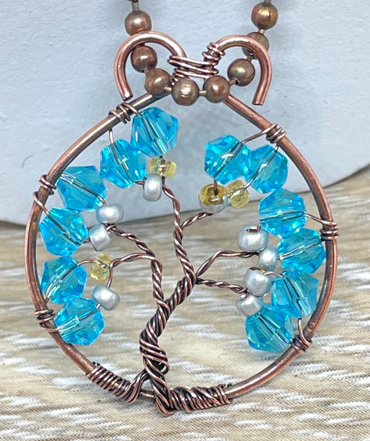 Mini Wire Wrapped Tree of Life Pendant with Glass Crystals - Handmade by Marlayna