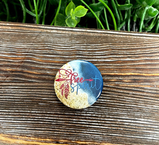 Free Spirit Graphic Art Button / Pin 1.25” , Blue and Gold Glitter - Handmade by Marlayna