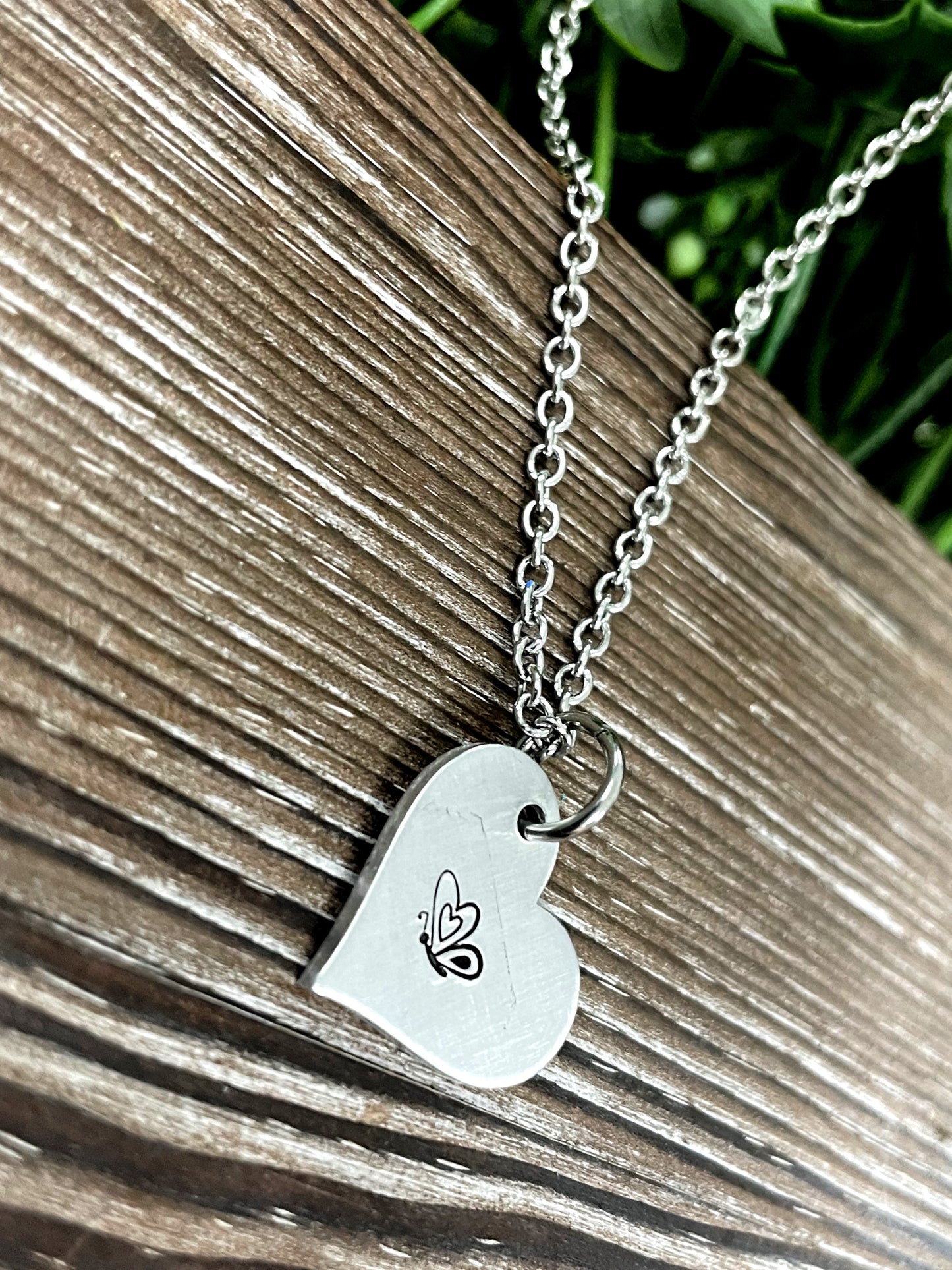 Butterfly Heart Hand Stamped Necklace - Handmade by Marlayna