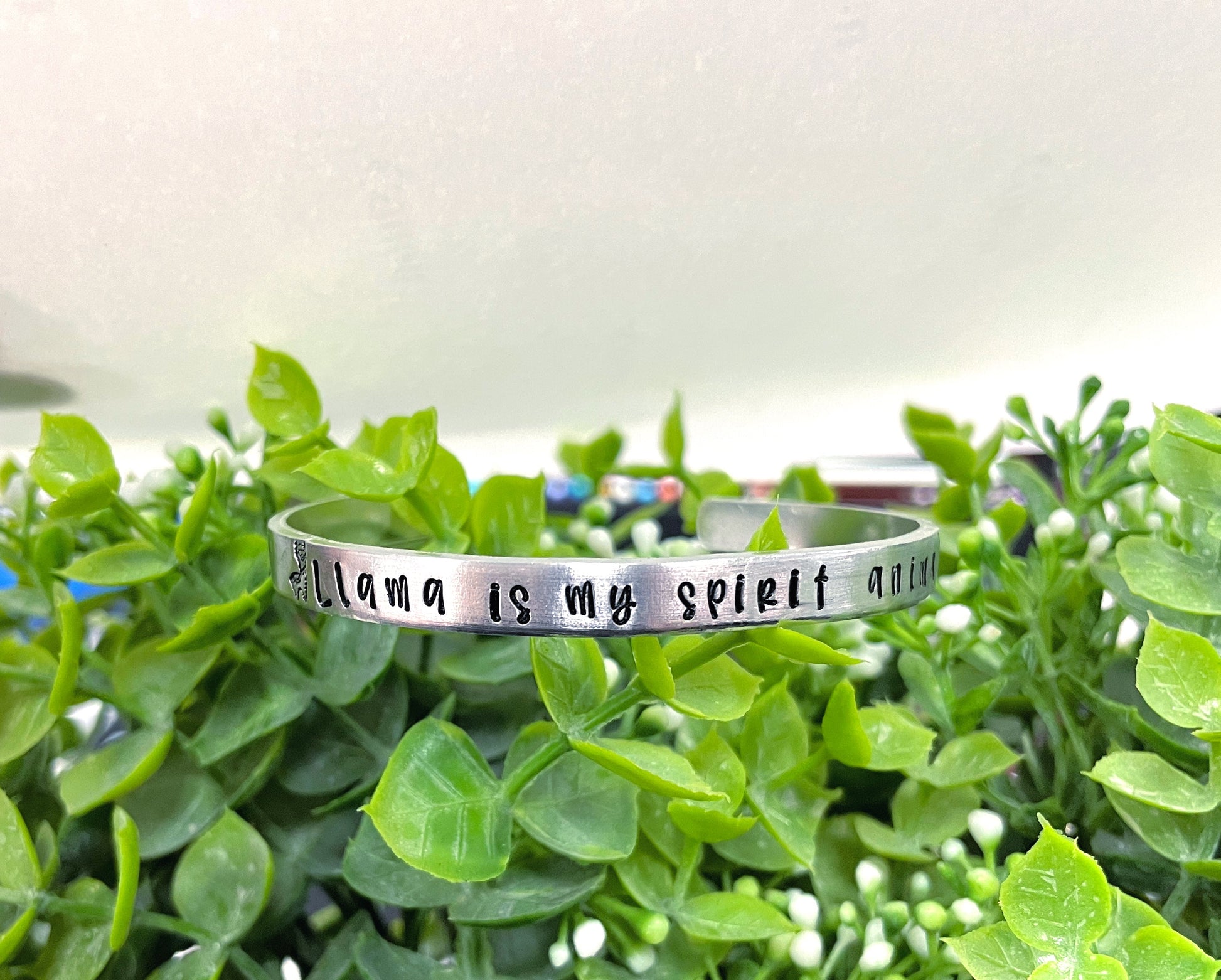 Llama is my Spirit Animal Hand Stamped Cuff Bracelet - Can be d - Handmade by Marlayna