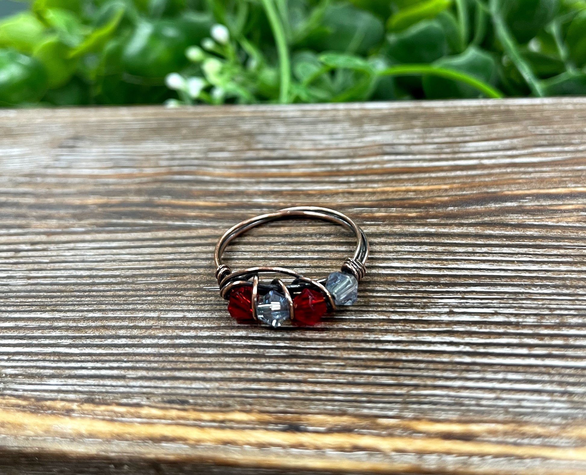 Red and Grey Glass Crystal Wire Wrapped Ring - Handmade by Marlayna