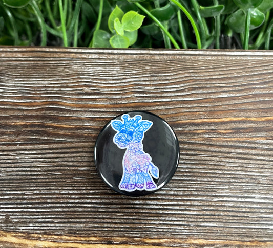 Mandala Giraffe, Graphic Art Button / Pin 1.25” , Blue and Purple - Handmade by Marlayna