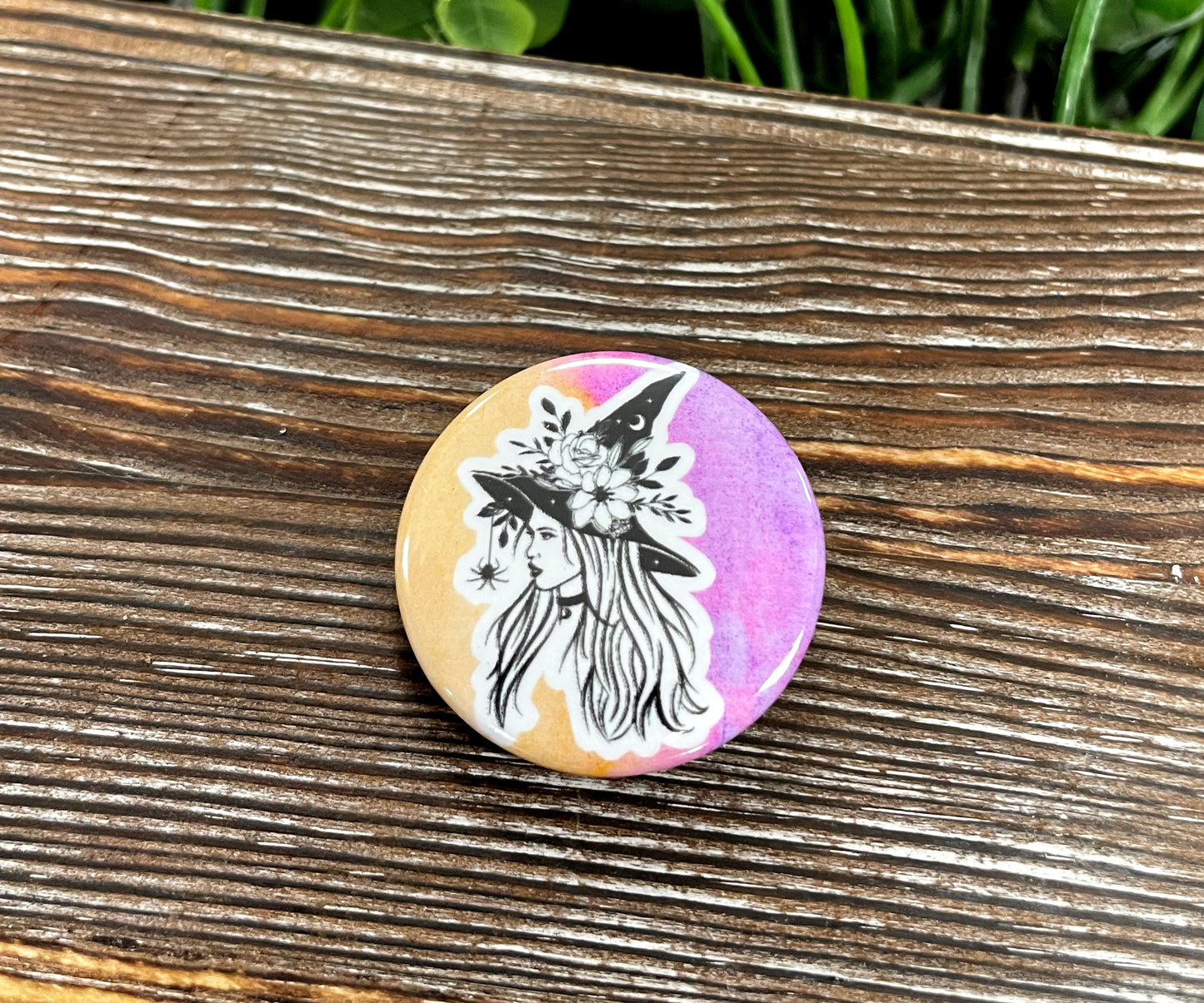 Orange and Purple, Beautiful Witch, Graphic Art Button / Pin 1.25” - Handmade by Marlayna