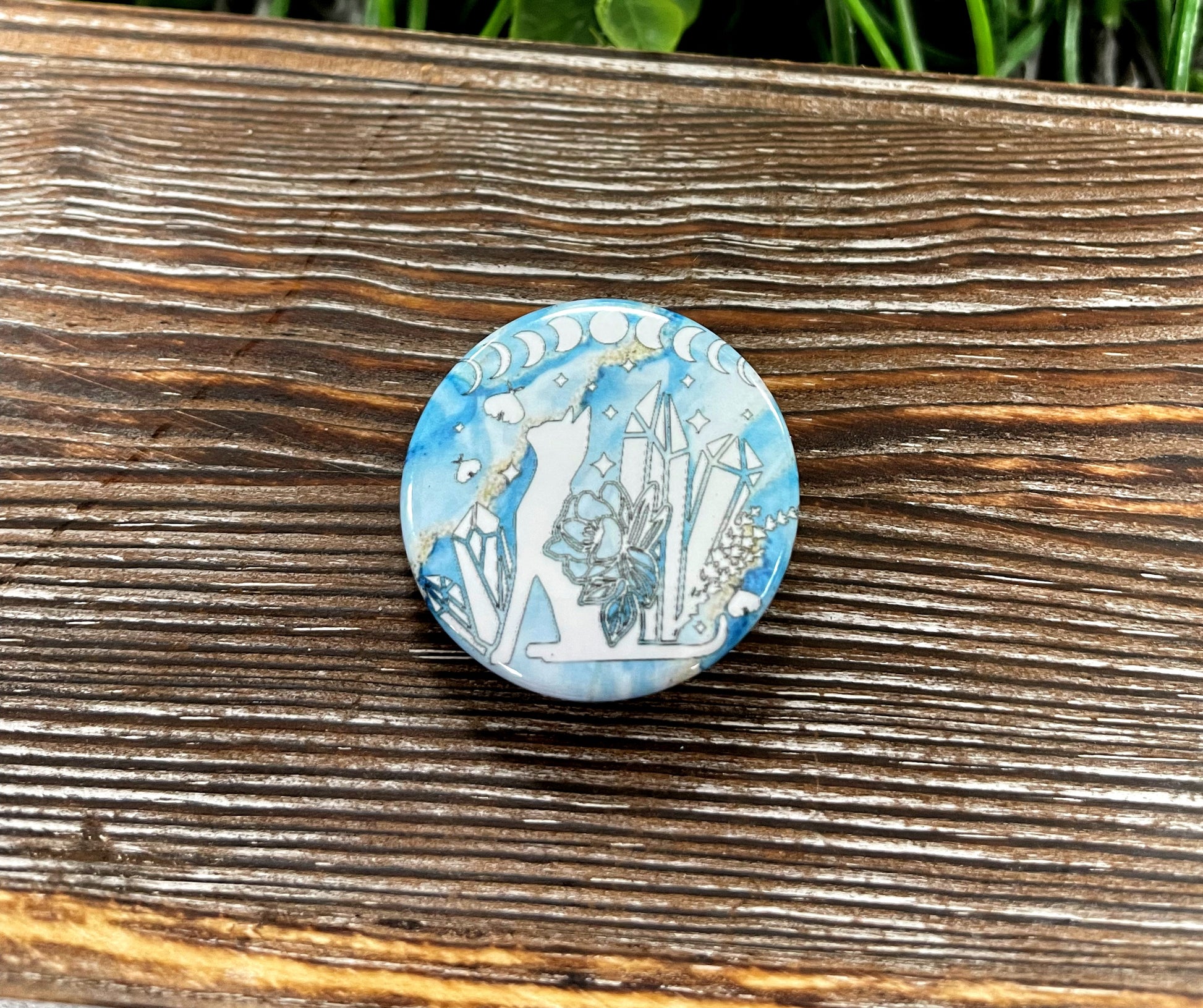 Blue Marble, Cat w/ Crystals, Graphic Art Button / Pin 1.25” - Handmade by Marlayna