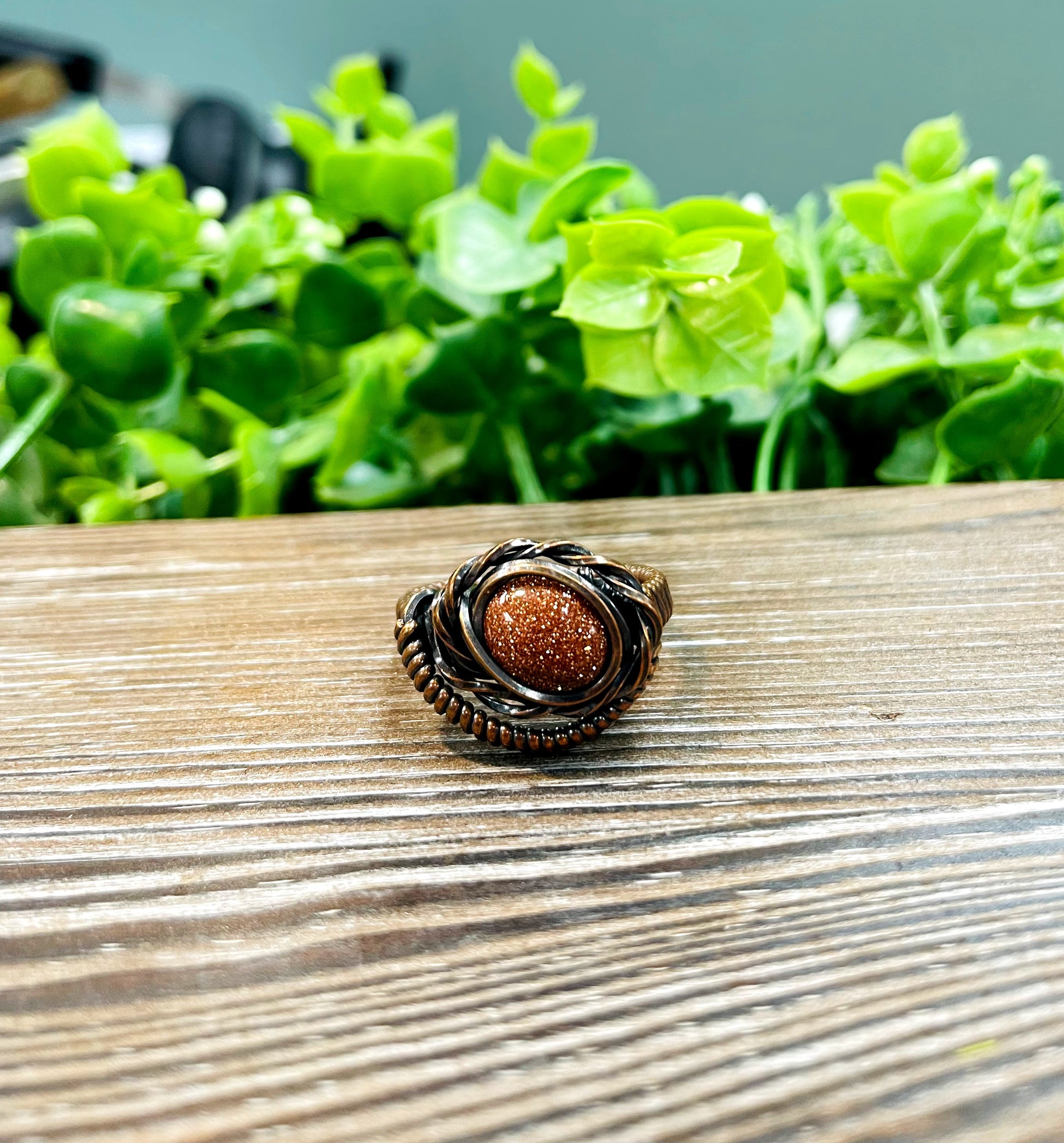 Goldstone Cabochon Wire Wrapped Ring Size 9 - Handmade by Marlayna