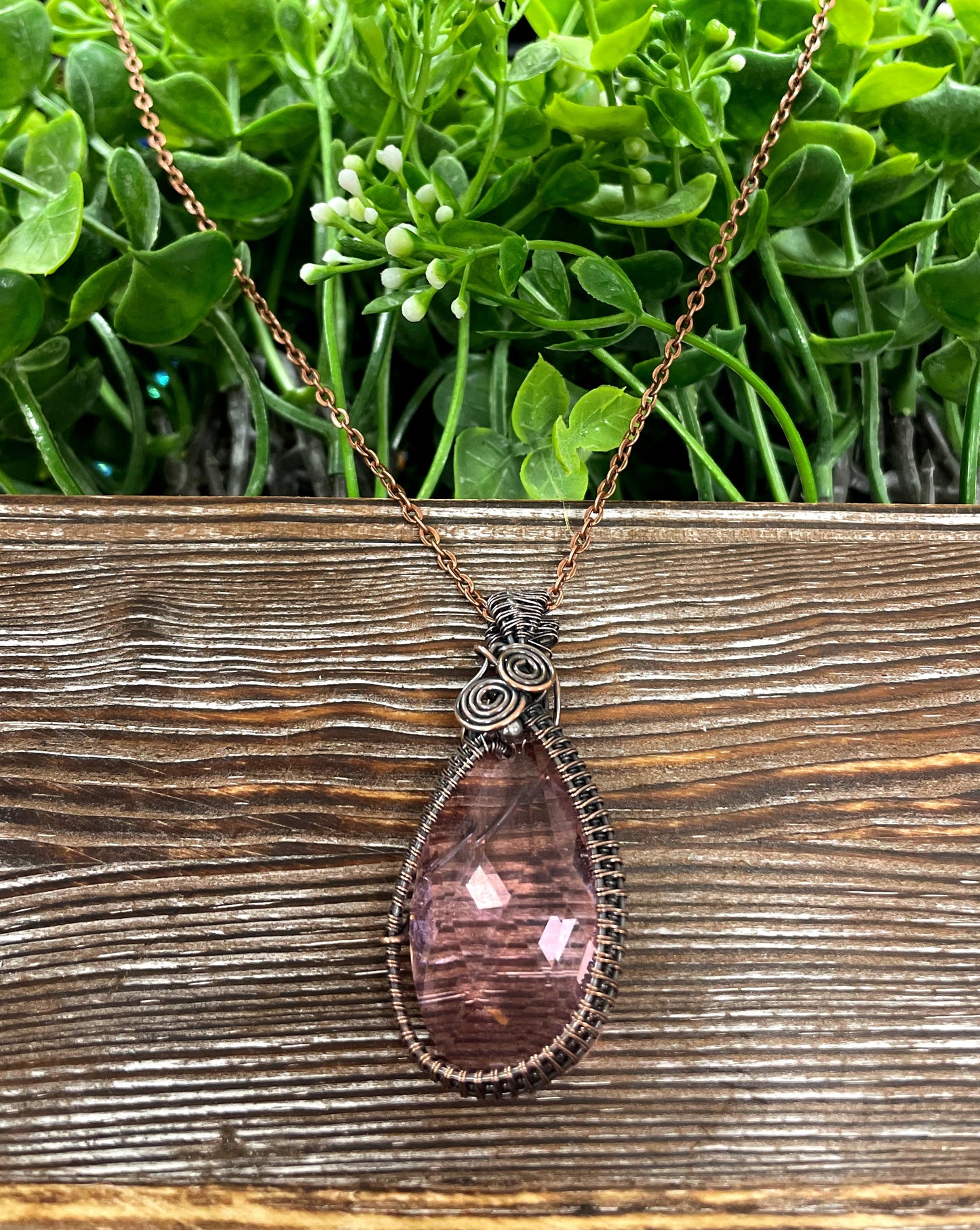 Wire Wrapped Faceted Pink Glass Crystal Pendant, Woven Frame - Handmade by Marlayna