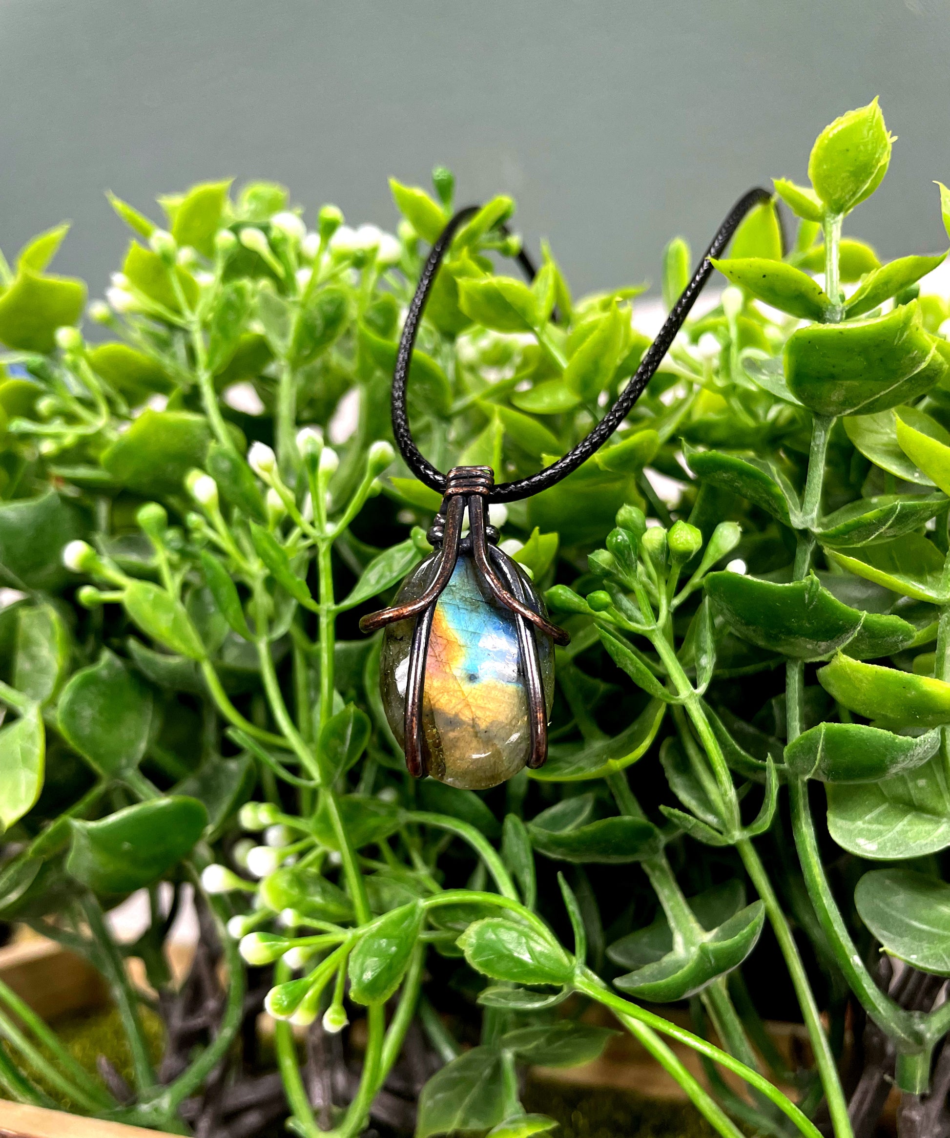 Mini Wire Wrapped Labradorite Gemstone Pendant, Oval Shape - Handmade by Marlayna