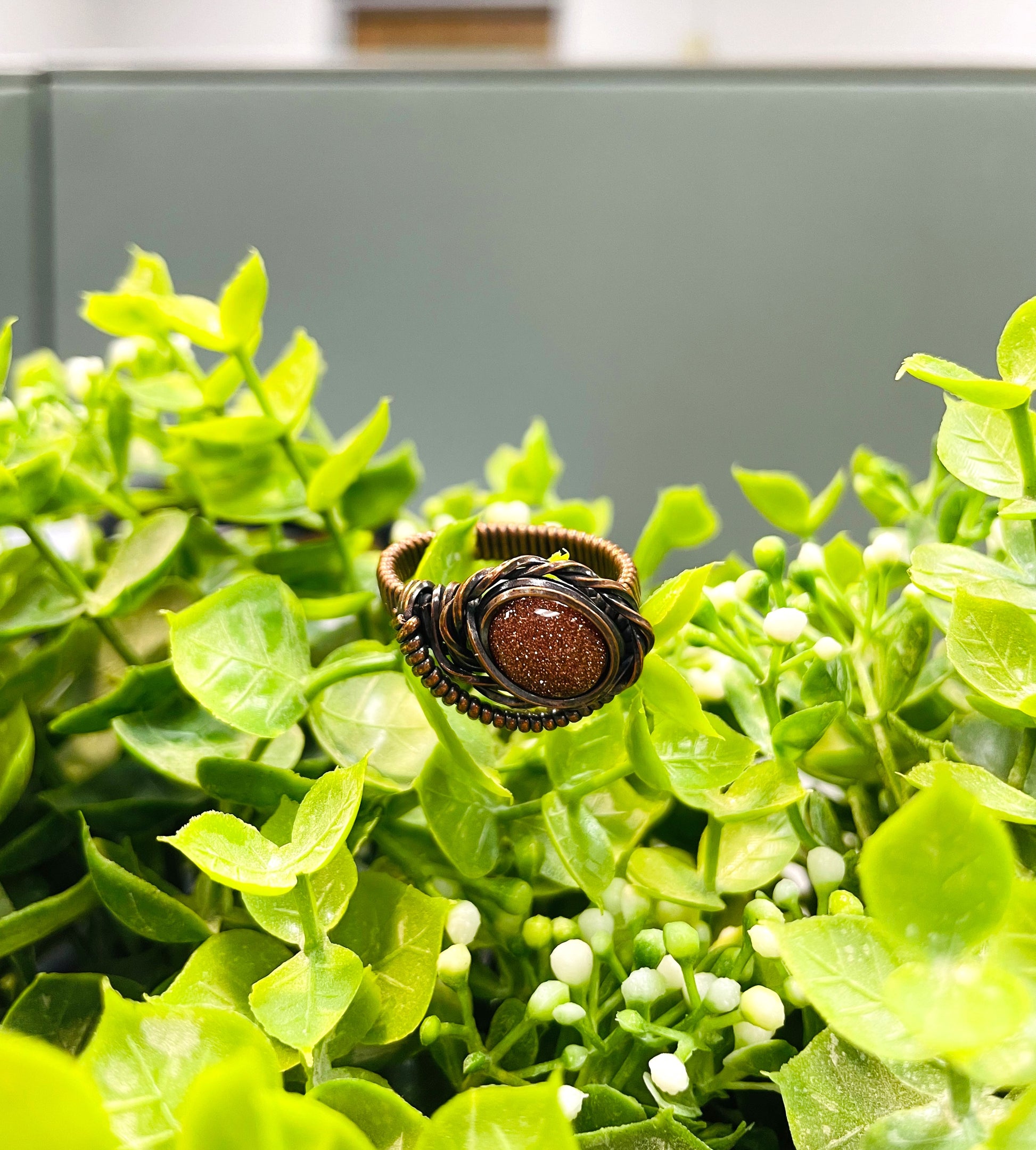 Goldstone Cabochon Wire Wrapped Ring Size 9 - Handmade by Marlayna