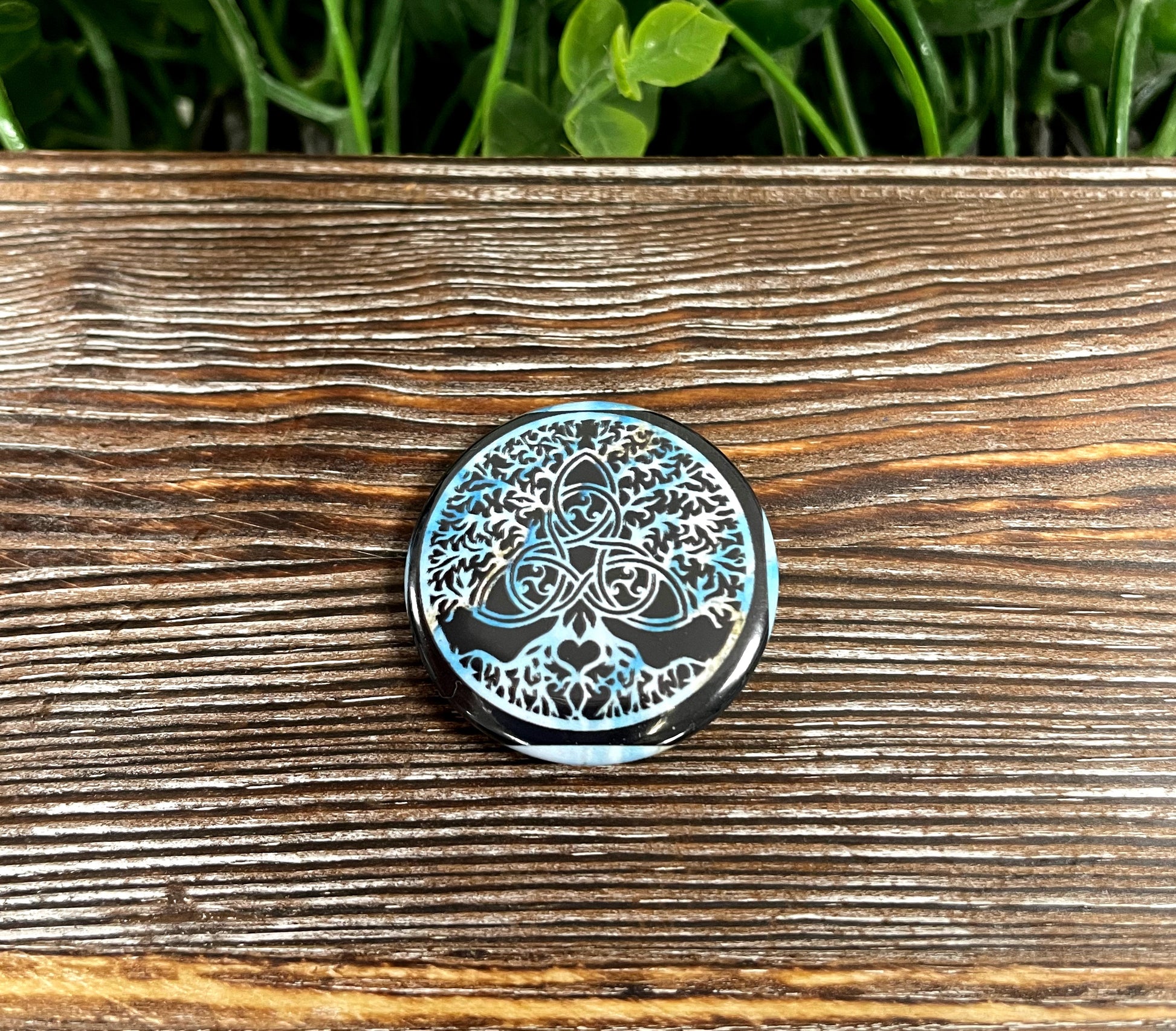 Celtic Tree of Life, Graphic Art Button / Pin 1.25” , Blue Background - Handmade by Marlayna