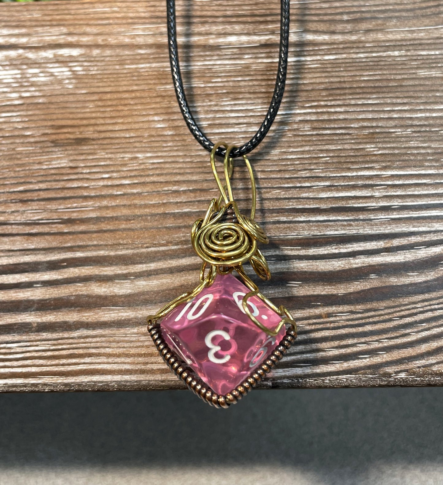 Wire Wrapped D10 Dice Pendant Pink - Handmade by Marlayna