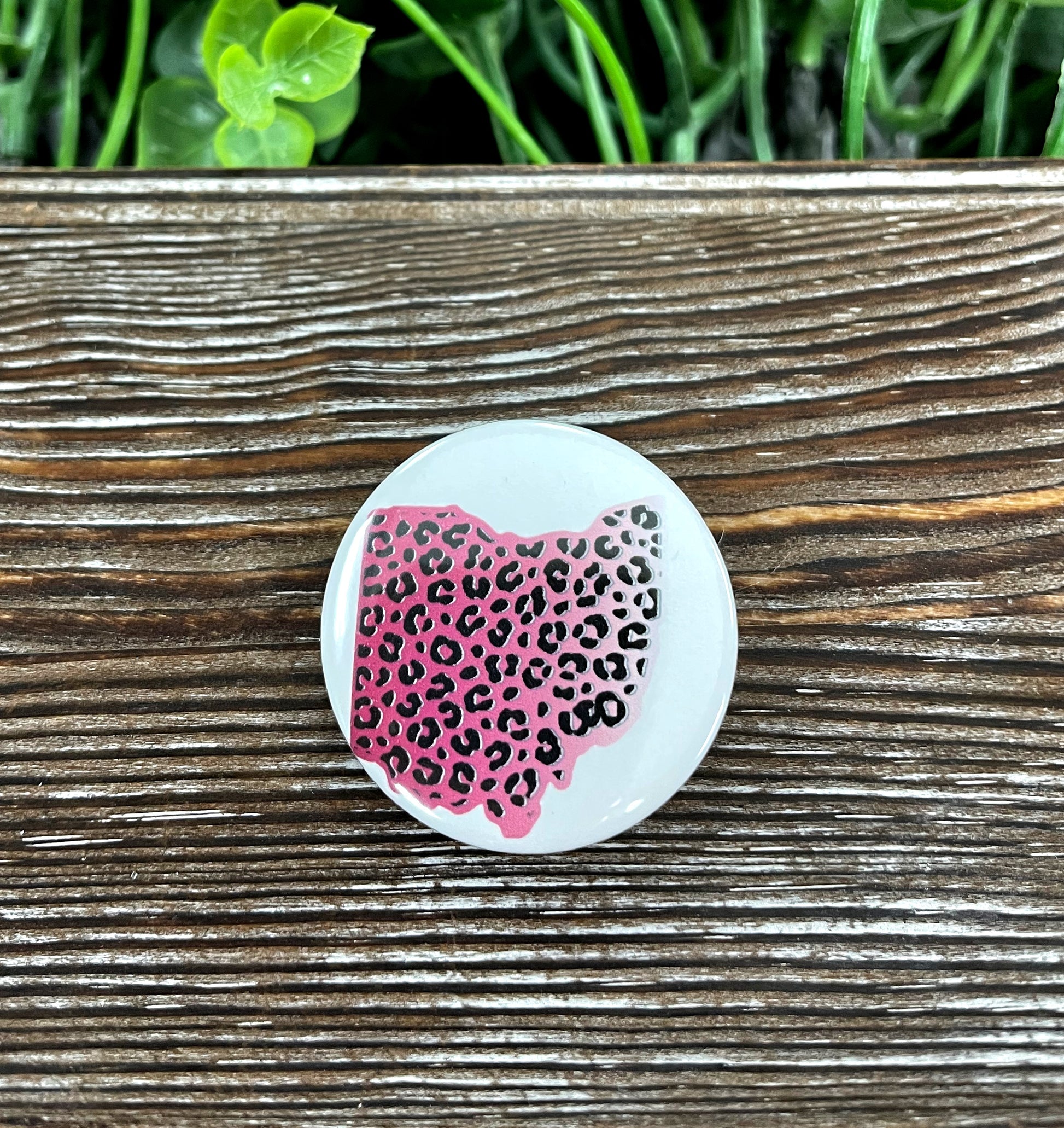 Pink Leopard Cheetah Ohio Graphic Art Button / Pin 1.25” - Handmade by Marlayna