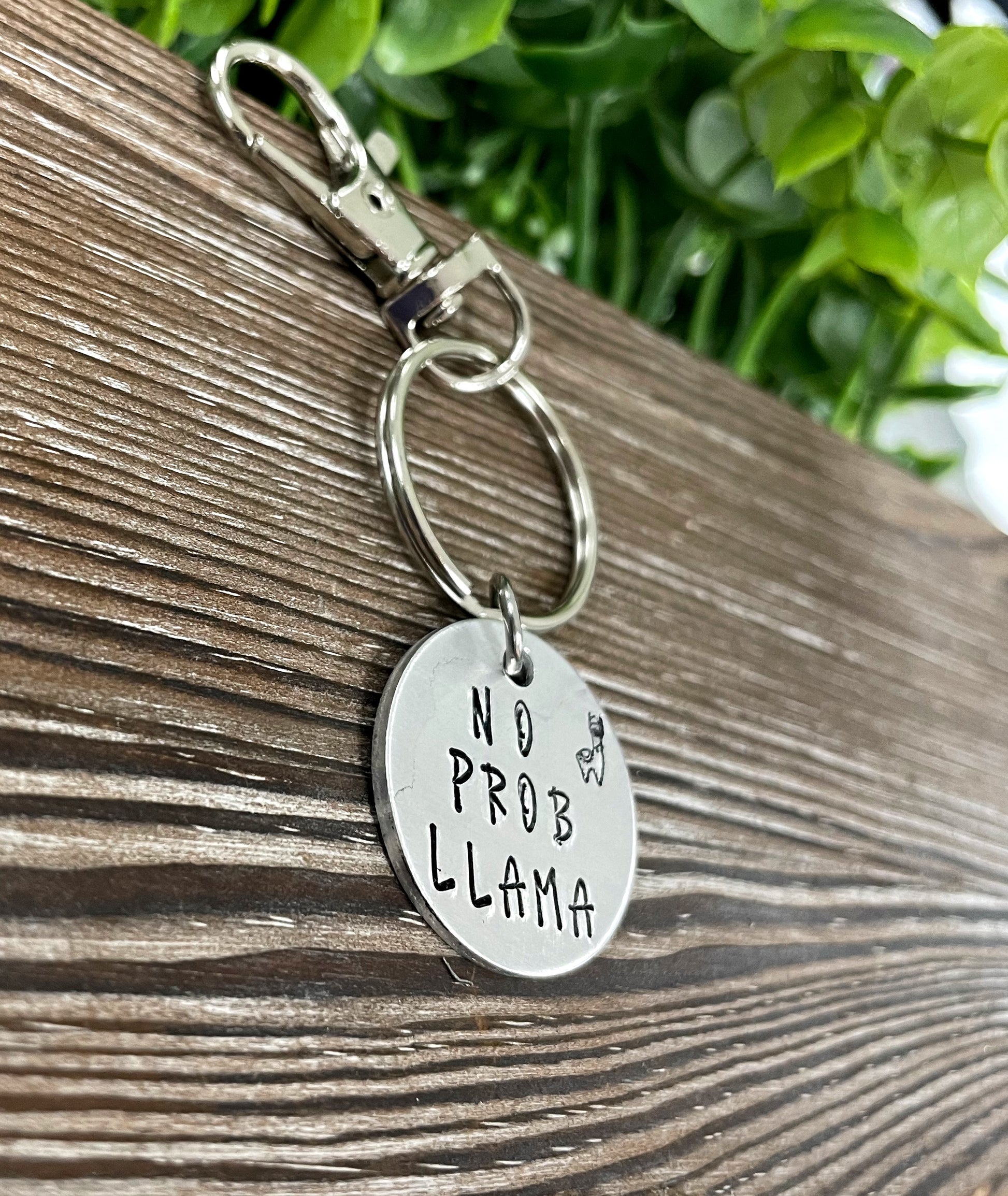 No Prob Llama Fun Animal Themed Hand Stamped Key Chain - Handmade by Marlayna