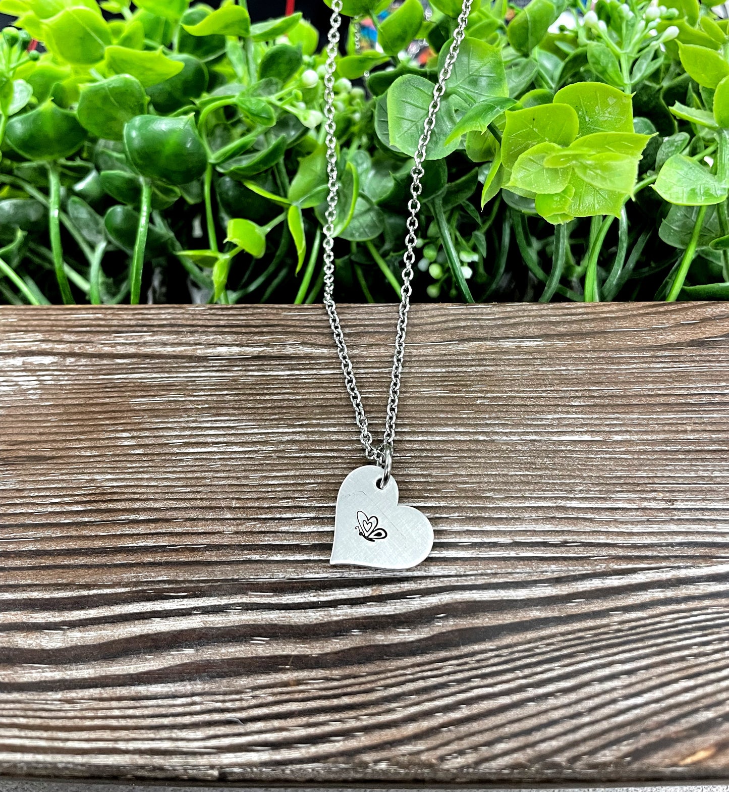 Butterfly Heart Hand Stamped Necklace - Handmade by Marlayna