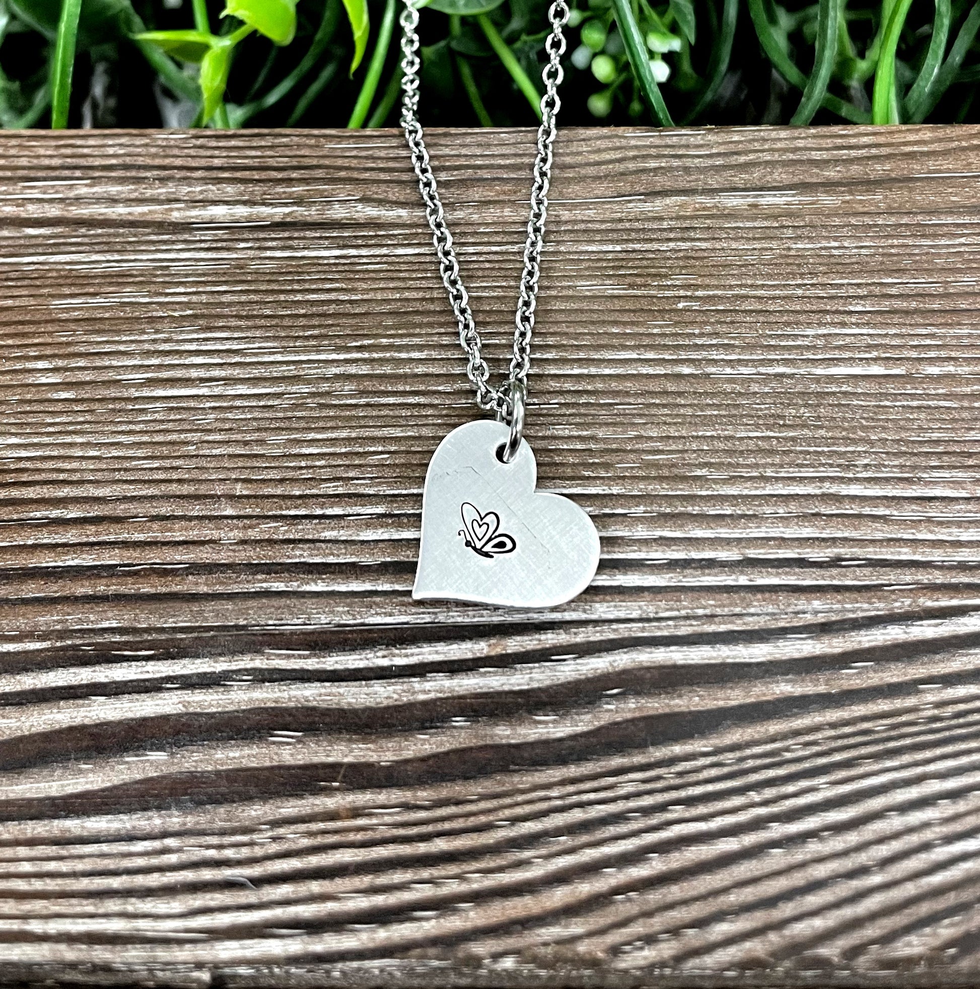 Butterfly Heart Hand Stamped Necklace - Handmade by Marlayna