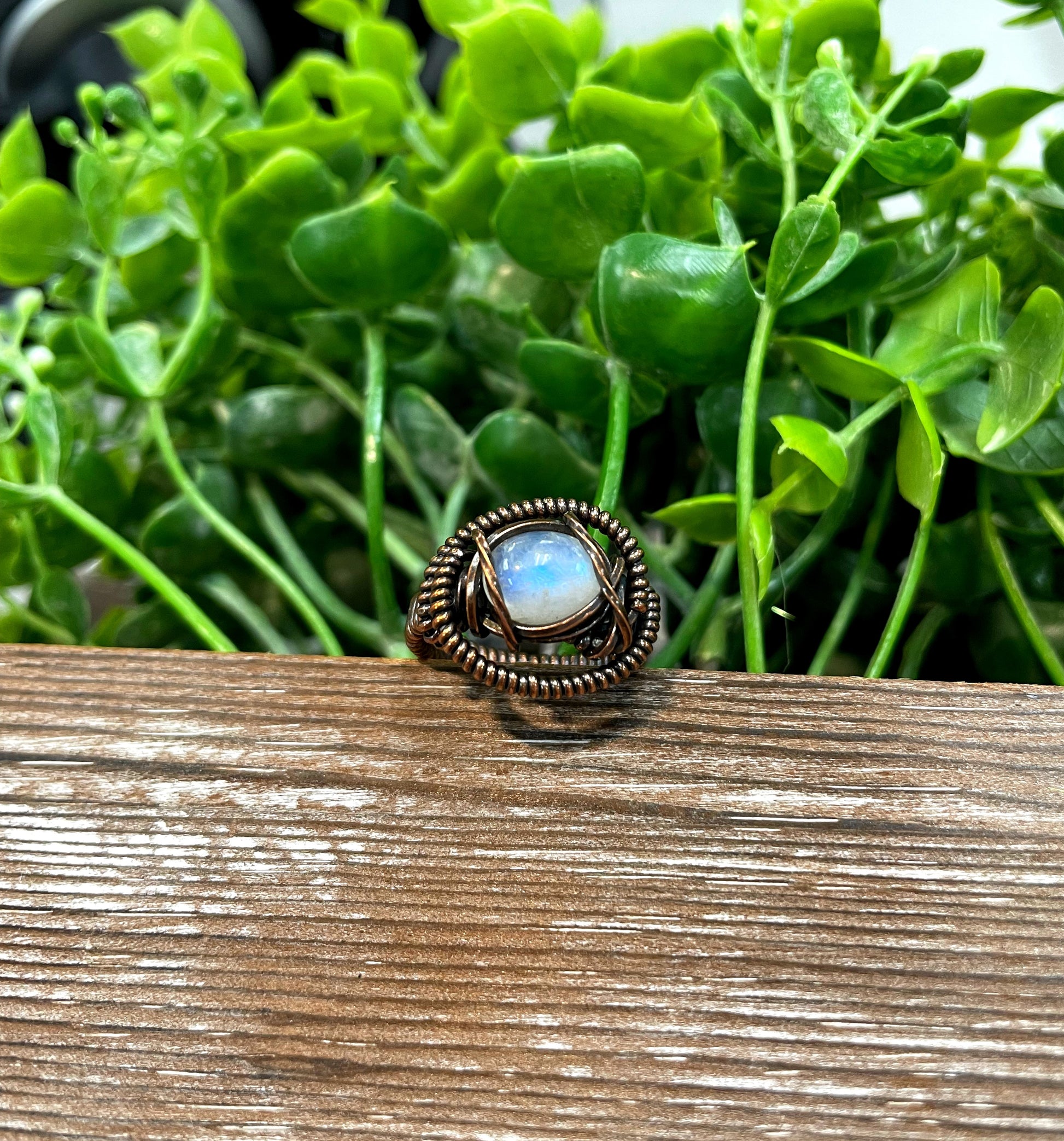 Moonstone Cabochon Wire Wrapped Ring Size 5 - Handmade by Marlayna