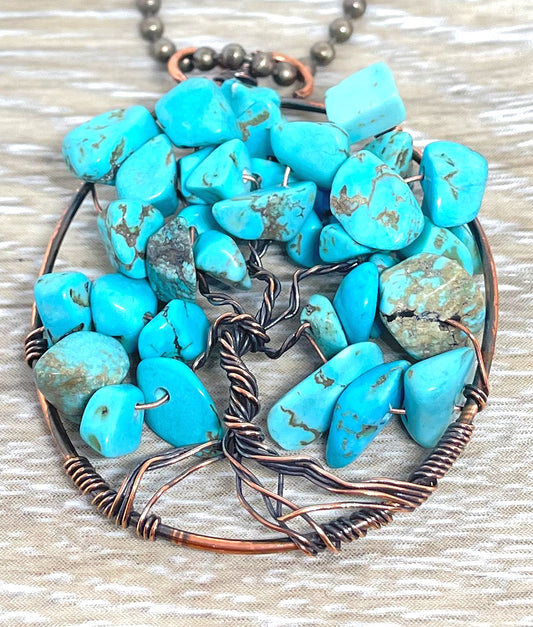 Wire Wrapped Tree of Life Pendant with Imitation Turquoise Gemstones - Handmade by Marlayna