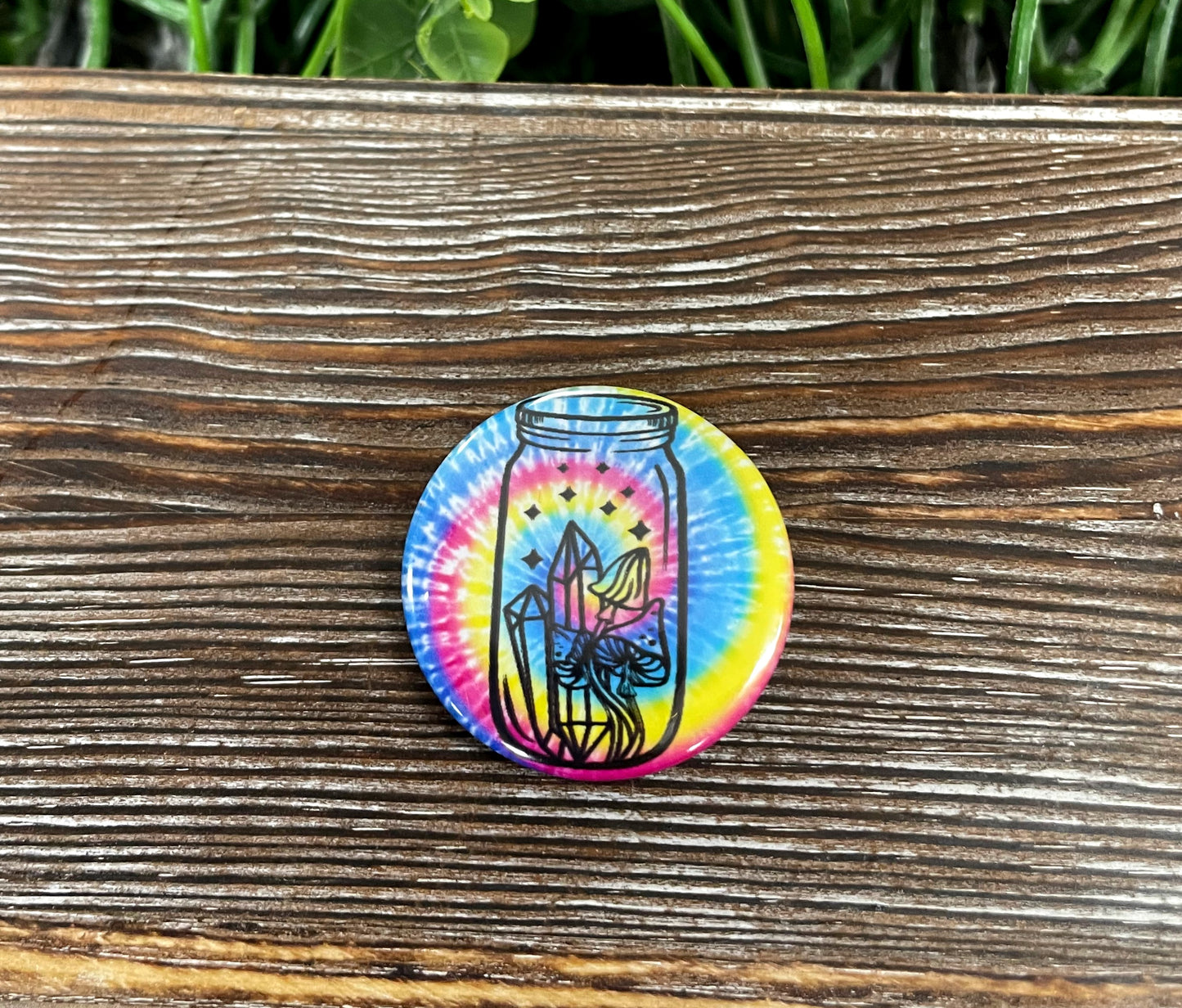 Rainbow Tie Dye, Flowers Mushrooms Mason Jar, Graphic Art Button / Pin 1.25” - Handmade by Marlayna