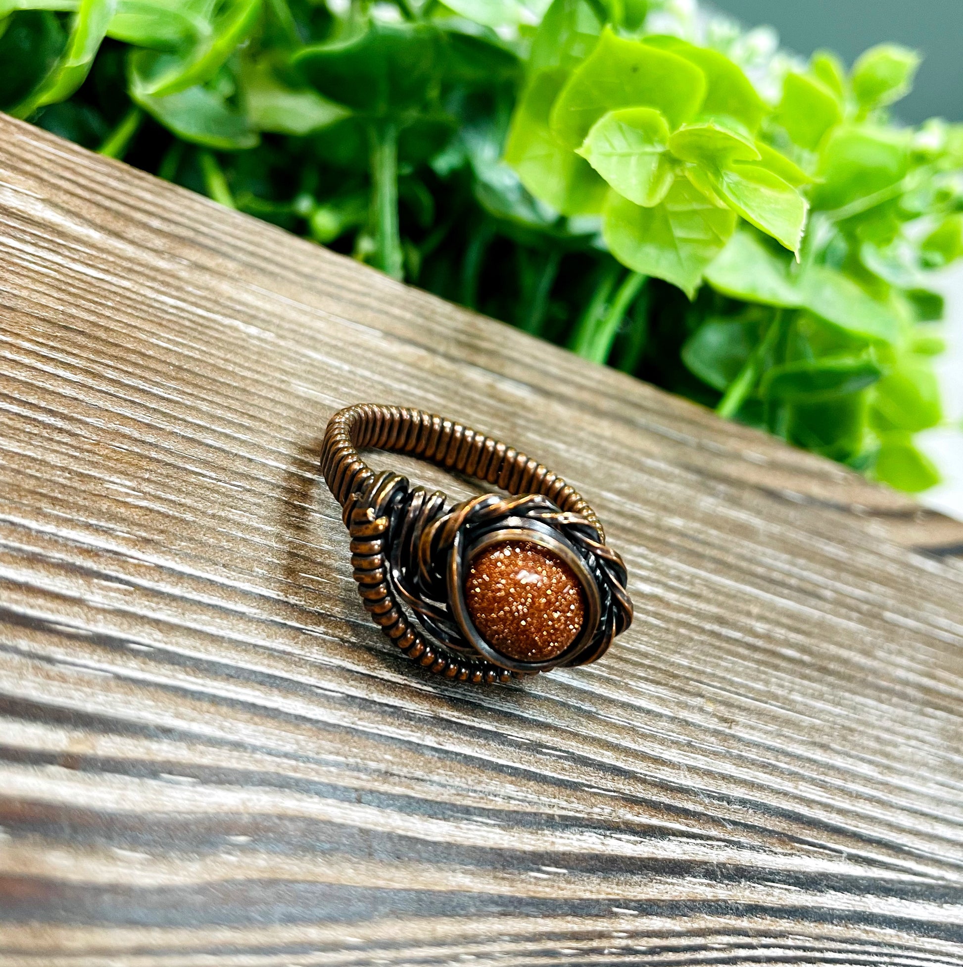 Goldstone Cabochon Wire Wrapped Ring Size 9 - Handmade by Marlayna