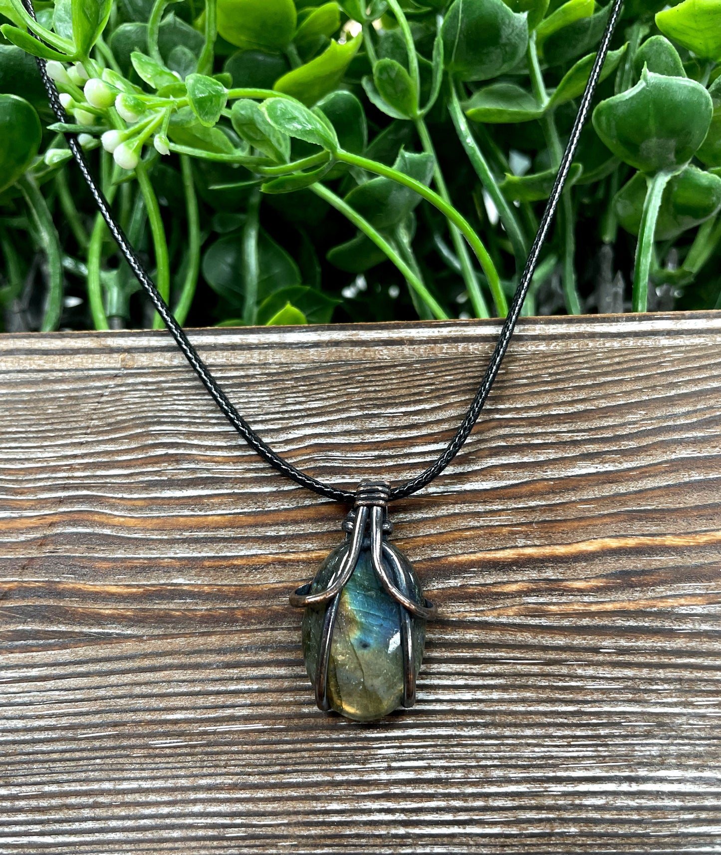 Mini Wire Wrapped Labradorite Gemstone Pendant, Oval Shape - Handmade by Marlayna