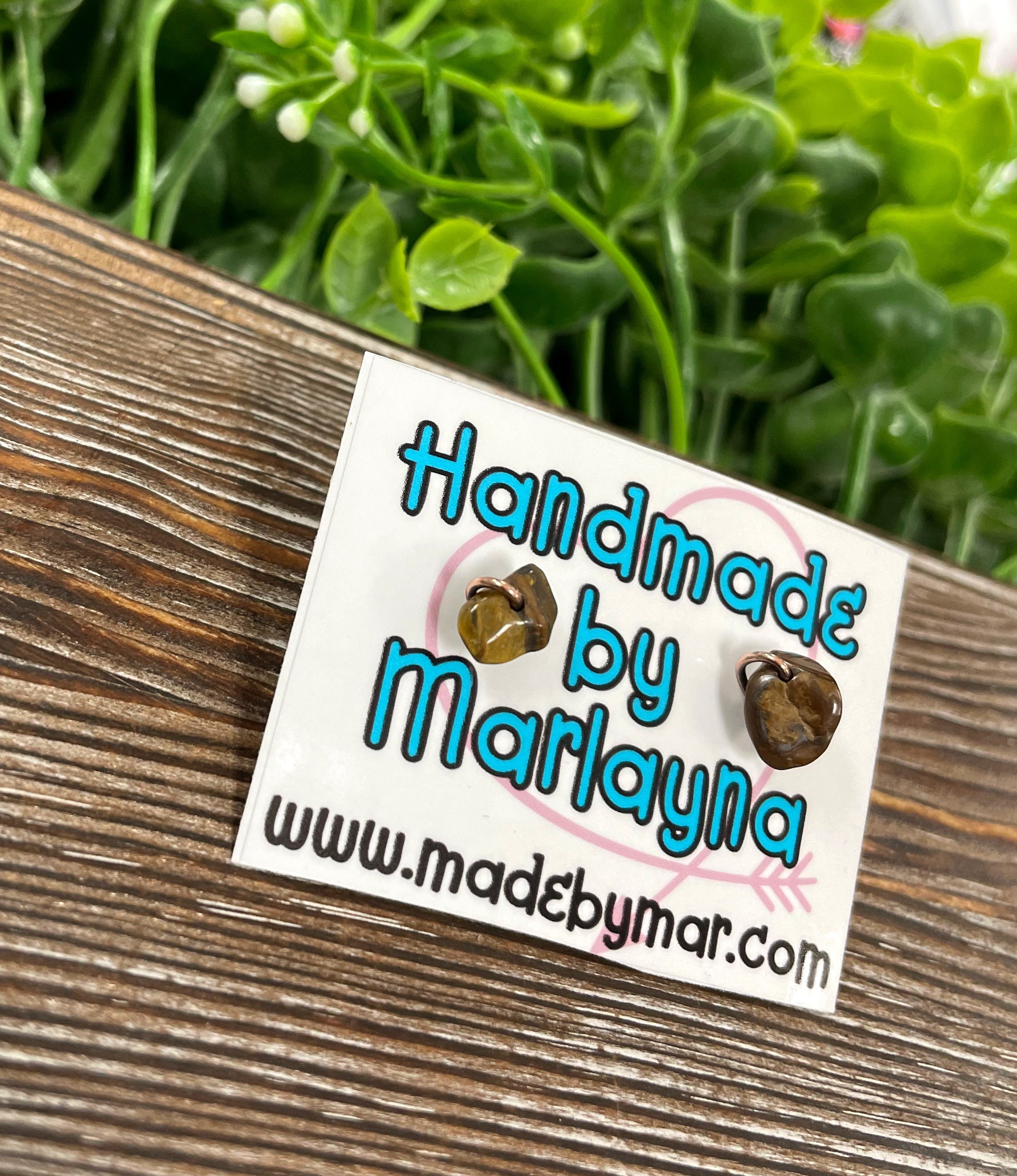 Tiger Eye Gemstone Chip Copper Stud Earrings - Handmade by Marlayna