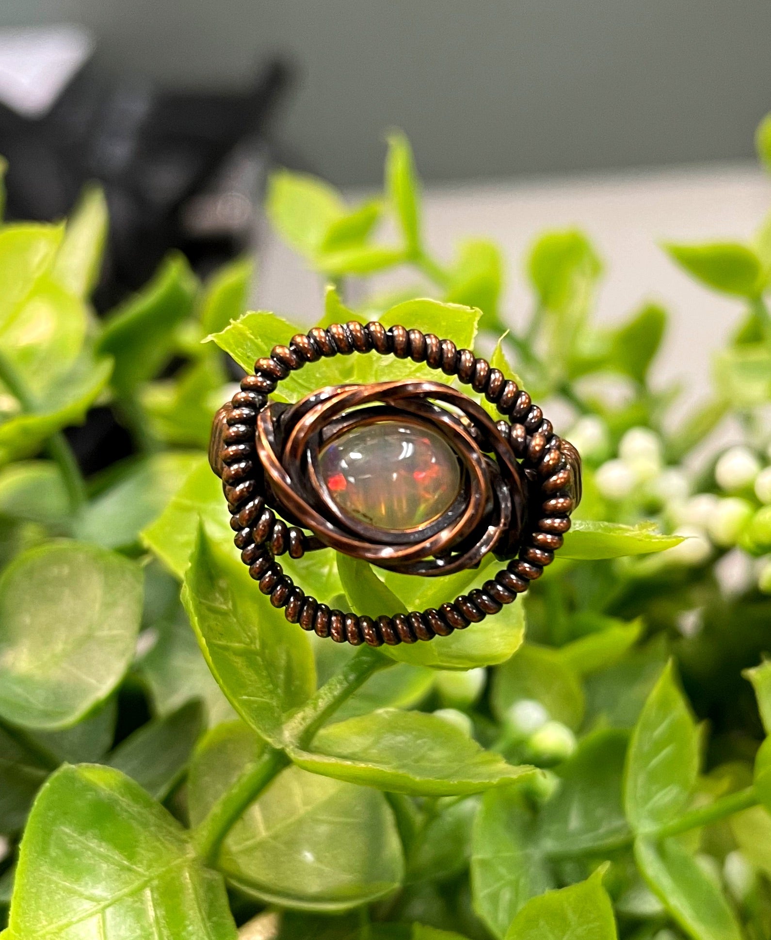 Opal Cabochon Wire Wrapped Ring Size 8 - Handmade by Marlayna