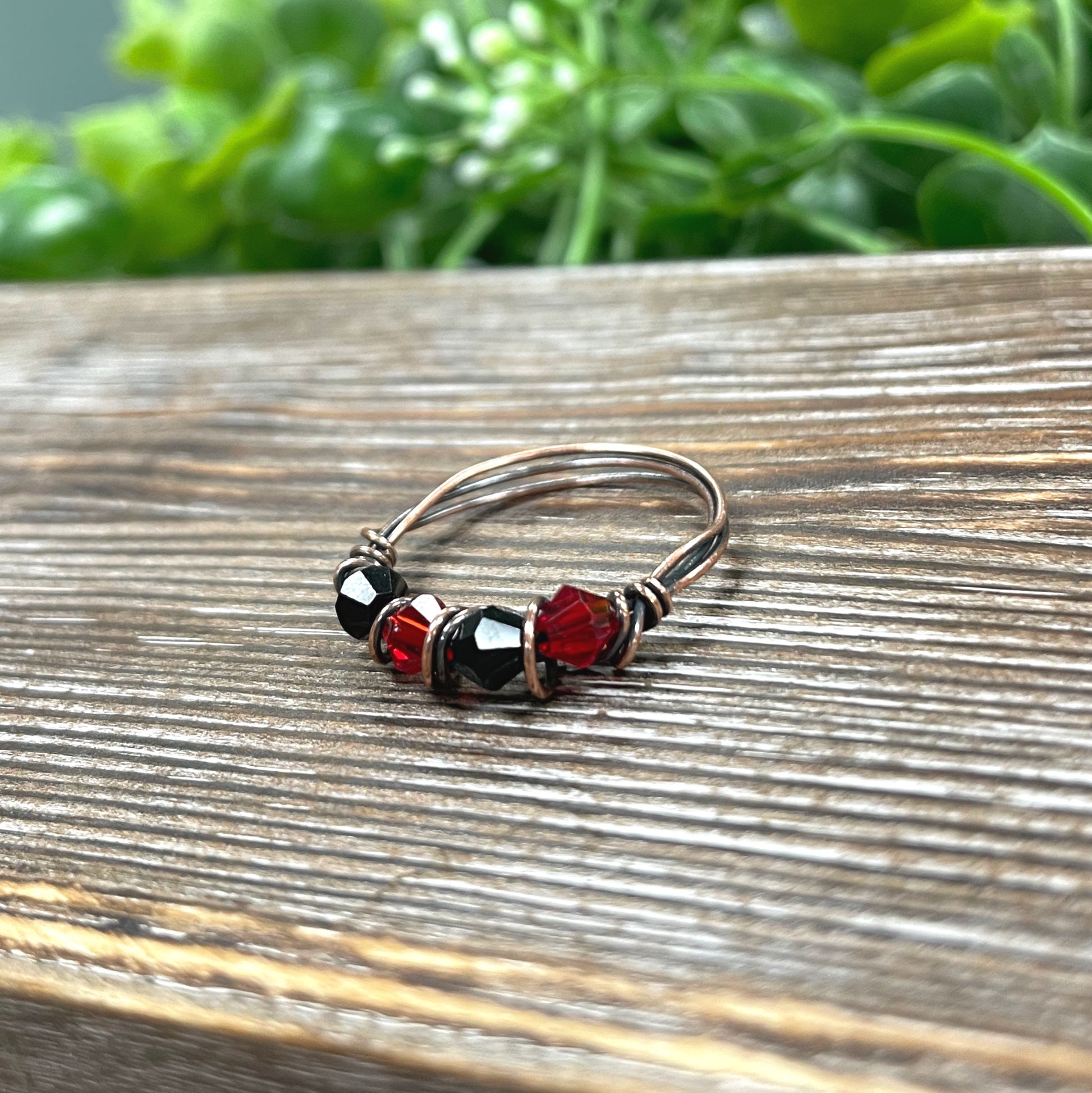 Red and Black Glass Crystal Wire Wrapped Ring - Handmade by Marlayna