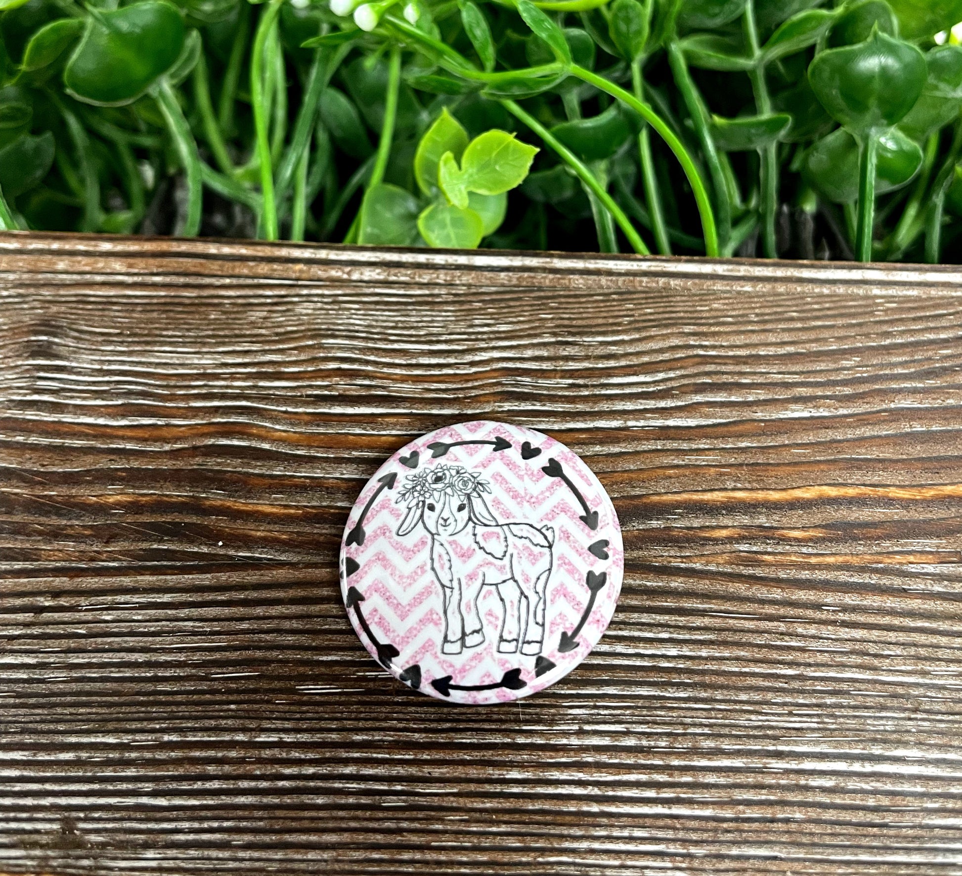 Goat w/ Flower Crown, Graphic Art Button / Pin 1.25” , Pink and White Chevron - Handmade by Marlayna