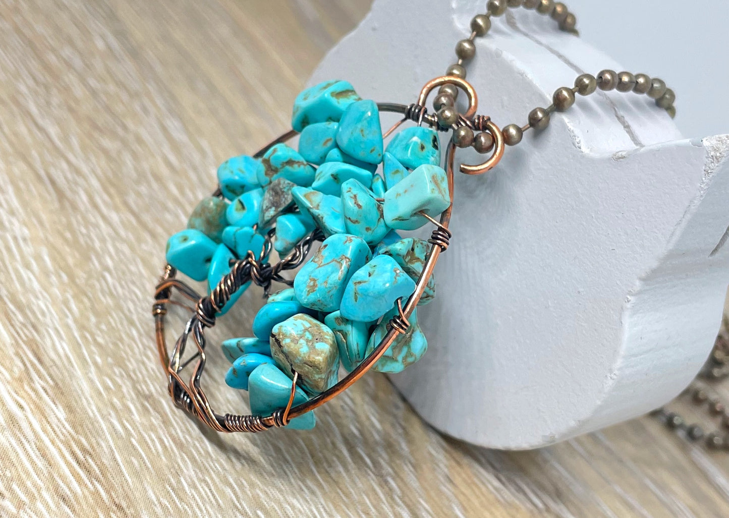 Wire Wrapped Tree of Life Pendant with Imitation Turquoise Gemstones - Handmade by Marlayna