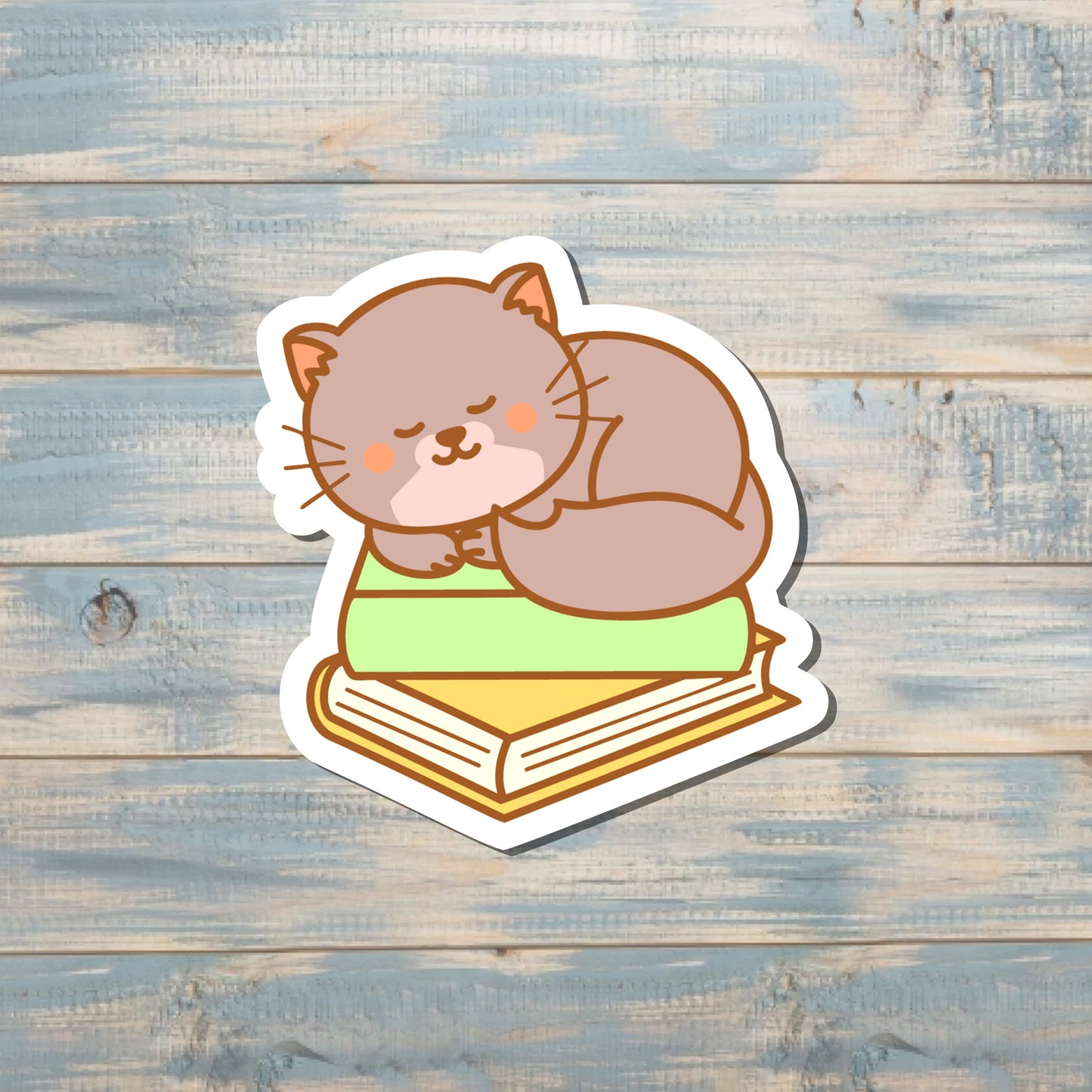 Cute Cat Sleeping on Books, Die Cut Sticker, Graphic Art Sticker, Vinyl, , Inspire Motivate |Sticker or Magnet