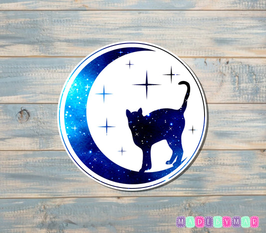 Blue Crescent Moon, Stars, and Cat Sticker |Sticker or Magnet