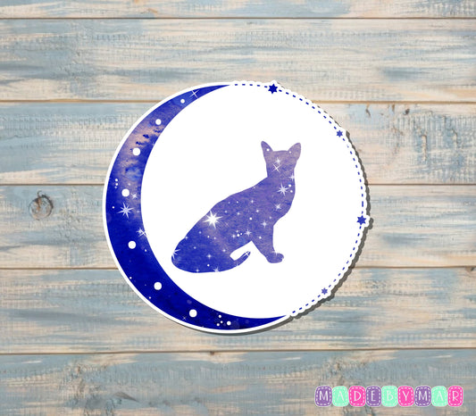 Dark Blue Crescent Moon and Cat Sticker |Sticker or Magnet