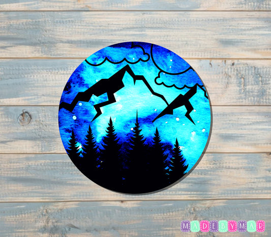 Mountains Trees and Clouds  Sticker, Blue |Sticker or Magnet