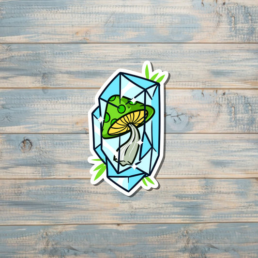 Green Mushroom Encased in Blue Crystal, Die Cut Vinyl Sticker, Boho Fun, Water Resistant, Fungi Shrooms Toadstool |Sticker or Magnet