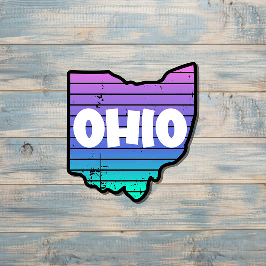 Textured Sunset Ohio Sticker, Purple Blue Decal, State Laptop Stickers, Vinyl Stickers, Home Pride, Refrigerator Magnet, Locker Decor, Local Hometown, OH USA Outline, Fun Outline Shape |Sticker or Magnet