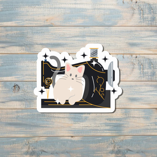 Cat and Sewing Machine, Die Cut Sticker, Graphic Art Vinyl, , Boho Fun |Sticker or Magnet