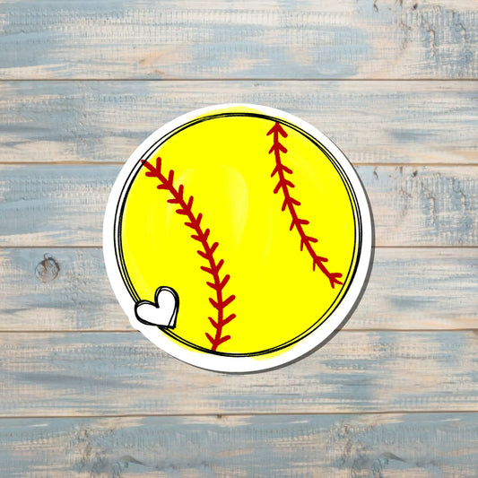 Yellow Softball w/ Heart, Die Cut Sticker, Graphic Art Vinyl, , Boho Fun |Sticker or Magnet