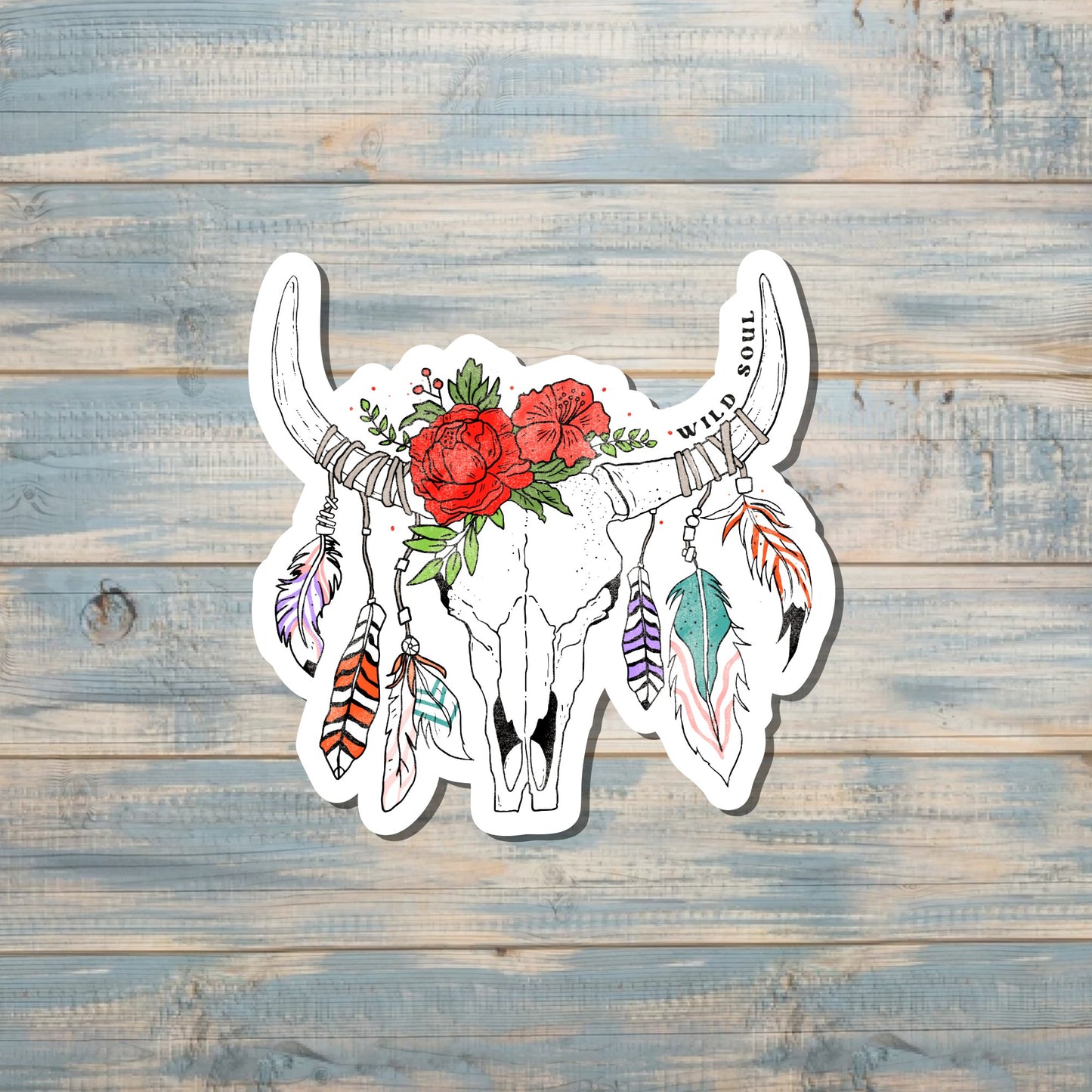 Cow Skull Sticker, Wild Soul Decal, Vinyl Sticker, Water Resistant, Western Vibes Boho, Feathers |Sticker or Magnet